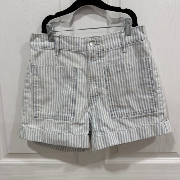 Anthropologie Sundry Striped Denim Shorts Blue White Front Pockets 26 Waist - Picture 2 of 9